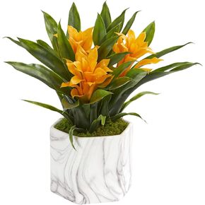 Nearly Natural Bromeliad Artificial Marble Finished Vase Silk Plants, Assorted