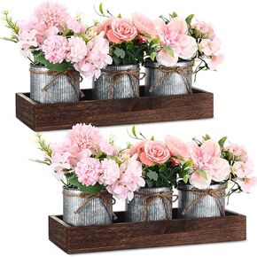 2 Set Farmhouse Table Decor Dining Room Centerpiece 2 Pcs Wood Tray with 6 Pcs Galvanized Metal Pots Artificial Flower Mason Jar Centerpiece for Party(White)