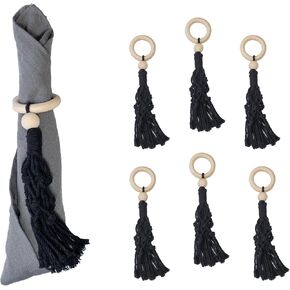 Handmade Hipster Black Napkin Ring - Set of 6 - Macrame Beaded for Rustic Table Decoration, Wedding, Celebration, Party, Gift, Special Occasion