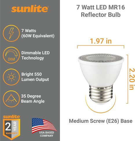 SUNLITE 80142 LED PAR16 Short Neck Recessed Spotlight Bulb 7 Watt, (60W Halogen Replacement), 500 Lumens, Medium (E26) Base, Dimmable, ETL Listed, 1 Count (Pack of 1), 2700K Warm White in Saudi Arabia