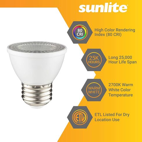 SUNLITE 80142 LED PAR16 Short Neck Recessed Spotlight Bulb 7 Watt, (60W Halogen Replacement), 500 Lumens, Medium (E26) Base, Dimmable, ETL Listed, 1 Count (Pack of 1), 2700K Warm White in Saudi Arabia