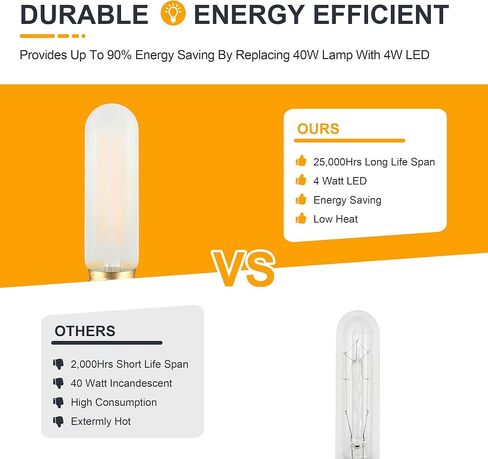 T10 LED Frosted Bulb- Dimmable E26 LED Tube Bulbs 40W Equivalent- 2700K Soft Warm- 4W Vintage Tubular Edison Light Bulbs for Chandelier, Cabinet, Desk/Piano Lamp, Mason Jars, Bathroom Vanity- 3 Count in Saudi Arabia