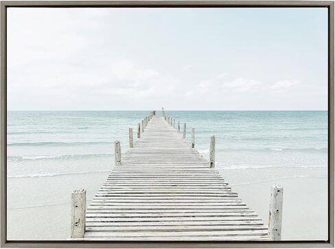 Kate and Laurel Sylvie Wooden Pier on the Beach Framed Canvas Wall Art by Amy Peterson Art Studio, 28x38 Gray, Decorative Coastal Art Print for Wall in Saudi Arabia