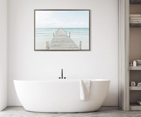 Kate and Laurel Sylvie Wooden Pier on the Beach Framed Canvas Wall Art by Amy Peterson Art Studio, 28x38 Gray, Decorative Coastal Art Print for Wall in Saudi Arabia