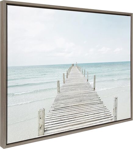 Kate and Laurel Sylvie Wooden Pier on the Beach Framed Canvas Wall Art by Amy Peterson Art Studio, 28x38 Gray, Decorative Coastal Art Print for Wall in Saudi Arabia