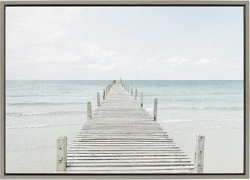 Kate and Laurel Sylvie Wooden Pier on the Beach Framed Canvas Wall Art by Amy Peterson Art Studio, 28x38 Gray, Decorative Coastal Art Print for Wall in Saudi Arabia