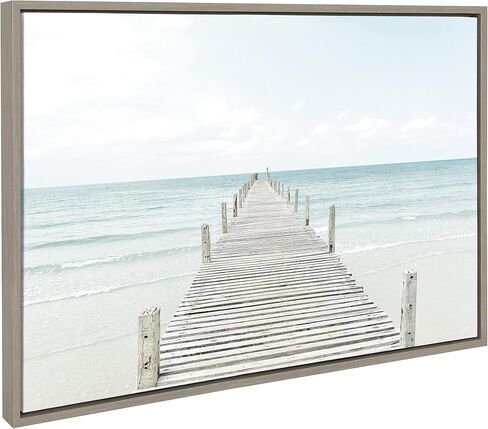 Kate and Laurel Sylvie Wooden Pier on the Beach Framed Canvas Wall Art by Amy Peterson Art Studio, 28x38 Gray, Decorative Coastal Art Print for Wall in Saudi Arabia