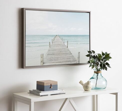 Kate and Laurel Sylvie Wooden Pier on the Beach Framed Canvas Wall Art by Amy Peterson Art Studio, 28x38 Gray, Decorative Coastal Art Print for Wall in Saudi Arabia