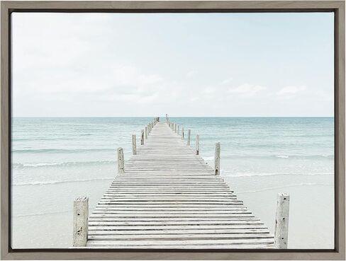 لوحة فنية جدارية من القماش مؤطرة من Kate and Laurel Sylvie Wood Pier on the Beach من تصميم Amy Peterson Art Studio، مقاس 28 × 38 رمادي، طباعة فنية ساحلية مزخرفة للحائط in Saudi Arabia