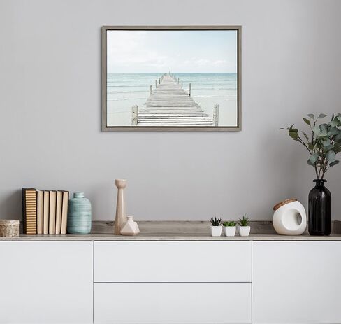 لوحة فنية جدارية من القماش مؤطرة من Kate and Laurel Sylvie Wood Pier on the Beach من تصميم Amy Peterson Art Studio، مقاس 28 × 38 رمادي، طباعة فنية ساحلية مزخرفة للحائط in Saudi Arabia
