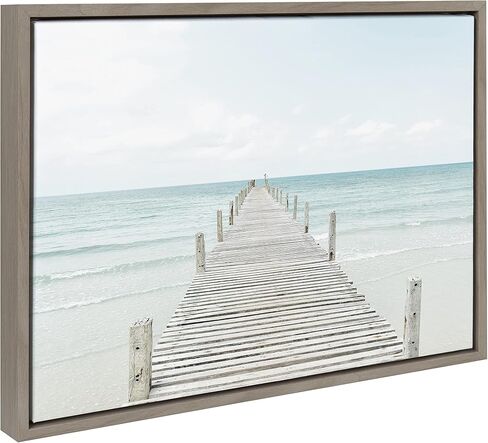 لوحة فنية جدارية من القماش مؤطرة من Kate and Laurel Sylvie Wood Pier on the Beach من تصميم Amy Peterson Art Studio، مقاس 28 × 38 رمادي، طباعة فنية ساحلية مزخرفة للحائط in Saudi Arabia