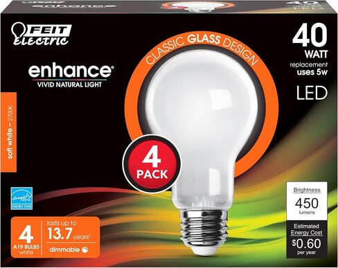 لمبة إضاءة LED A19 كهربائية من Feit، ما يعادل 60 وات، قابلة للتعتيم، 800 لومن، قاعدة E26 متوسطة، ضوء نهاري 5000 كلفن، 90 CRI، مصابيح إضاءة زجاجية قياسية 8.8 وات، عمر 13 عامًا، A1960/950CA/FIL/4، 4 عبوات in Saudi Arabia