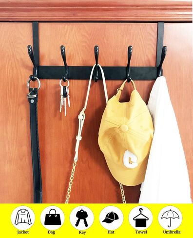 خطافات فوق الباب، رف تعليق للباب لتعليق المناشف والملابس والمعطف والحمام (5 خطافات مزدوجة، أسود) in Kuwait