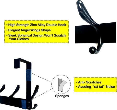 خطافات فوق الباب، رف تعليق للباب لتعليق المناشف والملابس والمعطف والحمام (5 خطافات مزدوجة، أسود) in Kuwait
