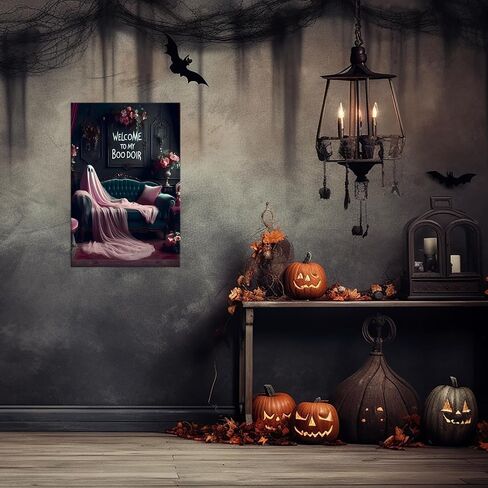 Nostalgic Halloween Poster Vintage Ghost Arcade Decor Gothic Dark Academia Wall Art Decorations Funny Ghost Face Canvas Print Decorations for Gamer Teen Boy Room Living Room Decor 12X16inch Framed in Saudi Arabia