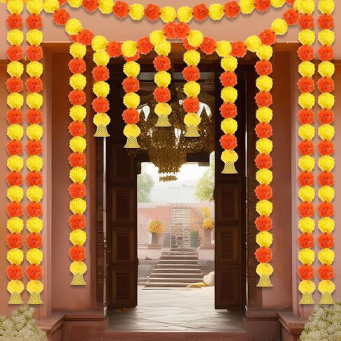 10 Pcs Marigold Diwali Garland with Golden Bells for Door Decoration Wedding 5 Feet Artificial Marigold Door Toran Long Marigold Flowers Orange Yellow Flower Garland Indian Decor for Pooja in Saudi Arabia