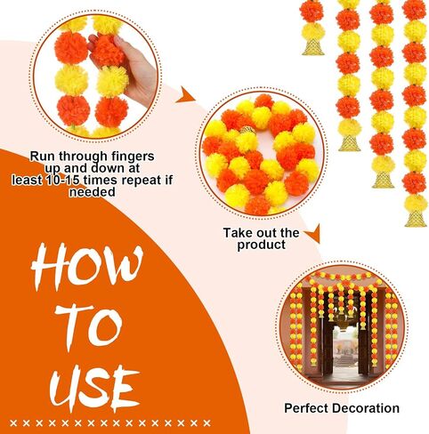 10 Pcs Marigold Diwali Garland with Golden Bells for Door Decoration Wedding 5 Feet Artificial Marigold Door Toran Long Marigold Flowers Orange Yellow Flower Garland Indian Decor for Pooja in Saudi Arabia