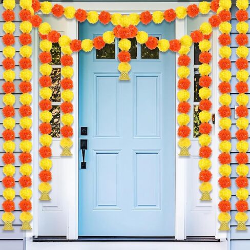 10 Pcs Marigold Diwali Garland with Golden Bells for Door Decoration Wedding 5 Feet Artificial Marigold Door Toran Long Marigold Flowers Orange Yellow Flower Garland Indian Decor for Pooja in Saudi Arabia