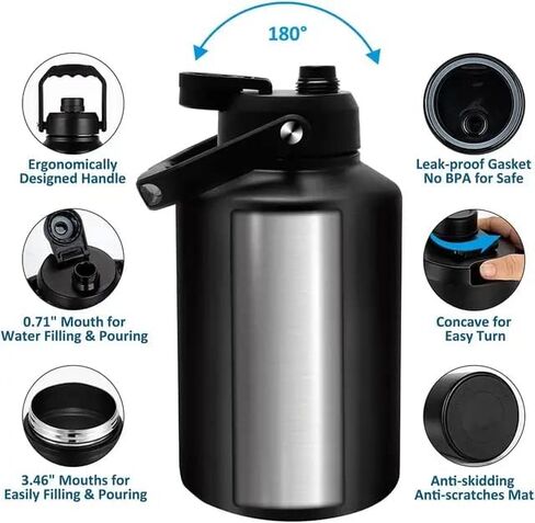64oz 128oz Wide Mouth Insulated Vacuum Water Bottle Jug With Handle, Gallon Stainless Steel Ice Bucket Travel Mug Large Sports Canteen (64oz,black) in Saudi Arabia