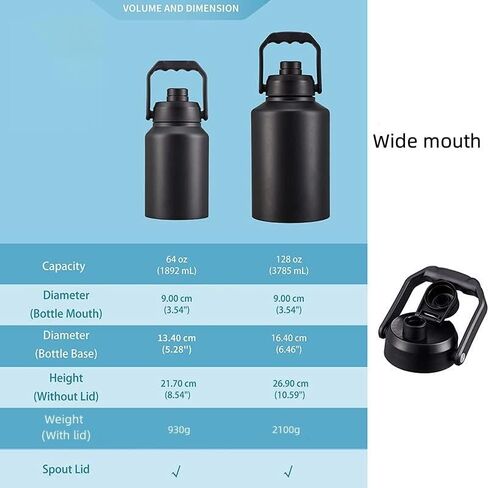 64oz 128oz Wide Mouth Insulated Vacuum Water Bottle Jug With Handle, Gallon Stainless Steel Ice Bucket Travel Mug Large Sports Canteen (64oz,black) in Saudi Arabia