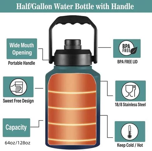 64oz 128oz Wide Mouth Insulated Vacuum Water Bottle Jug With Handle, Gallon Stainless Steel Ice Bucket Travel Mug Large Sports Canteen (64oz,black) in Saudi Arabia