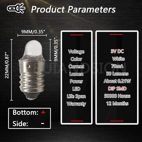 Ruiandsion 4pcs E10 LED Bulbs 3V 0.1W 3000K Warm White LED Bulbs for Torchlight Flashlight Torch Lights,Negative Earth in Saudi Arabia