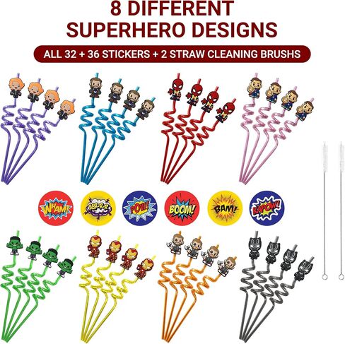32Pcs Superhero Straws for Avenger Party Favor - 32Pcs Reusable Drinking Straws with 8 designs+36 Stickers+2 Brushes. Perfect For Superhero Party Supplies, Great for Avenger Themed Party in Saudi Arabia