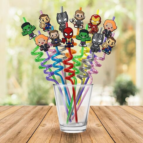 32Pcs Superhero Straws for Avenger Party Favor - 32Pcs Reusable Drinking Straws with 8 designs+36 Stickers+2 Brushes. Perfect For Superhero Party Supplies, Great for Avenger Themed Party in Saudi Arabia