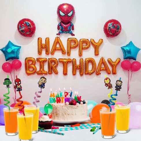 32Pcs Superhero Straws for Avenger Party Favor - 32Pcs Reusable Drinking Straws with 8 designs+36 Stickers+2 Brushes. Perfect For Superhero Party Supplies, Great for Avenger Themed Party in Saudi Arabia