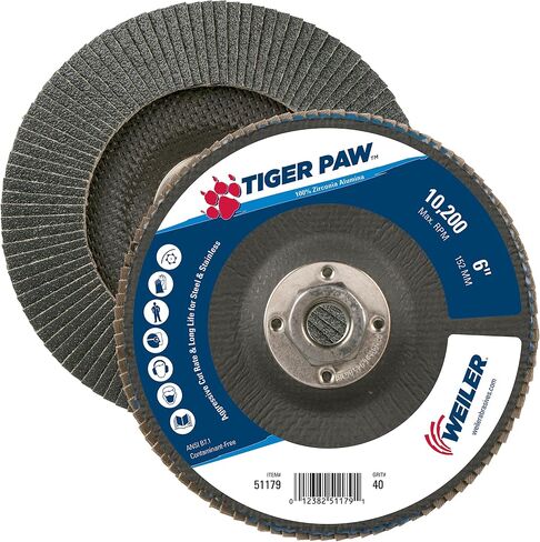 Weiler 51179 6" Tiger Paw Abrasive Flap Disc, Conical (TY29), Phenolic Backing, 40Z, 5/8"-11 UNC Nut (Pack of 10) in Saudi Arabia