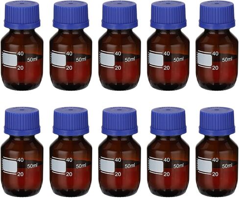 PATIKIL 10 Pack Reagent Media Storage Bottles, 50ml Borosilicate Glass Graduated Round Bottles with GL32 Blue Screw Cap for Lab Water Reagent Liquids, Amber in Saudi Arabia