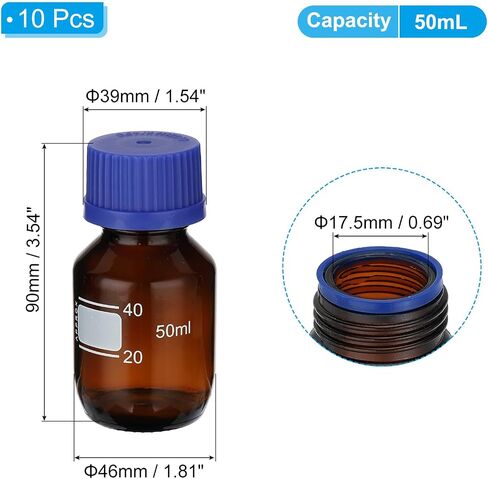 PATIKIL 10 Pack Reagent Media Storage Bottles, 50ml Borosilicate Glass Graduated Round Bottles with GL32 Blue Screw Cap for Lab Water Reagent Liquids, Amber in Saudi Arabia
