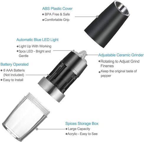 مجموعة مطحنة الملح والفلفل الكهربائية من جرافيتي، أوتوماتيكية تعمل بالبطارية مع خشونة قابلة للتعديل، إضاءة LED in Kuwait