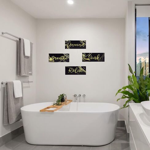 4 Pcs Bathroom Wall Signs Wall Art Rustic Farmhouse Decoration Relax Soak Unwind Breathe, Wood Hanging Signs for Living Room Home Spa Bathroom, 10 x 4 Inch in Saudi Arabia