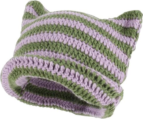 Handmade Gothic Knitted Little Devil Hat Cat Ear Striped Crocheted Beanie Hat Y2k Funny Hat for Women in Saudi Arabia