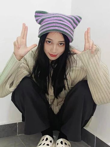 Handmade Gothic Knitted Little Devil Hat Cat Ear Striped Crocheted Beanie Hat Y2k Funny Hat for Women in Saudi Arabia