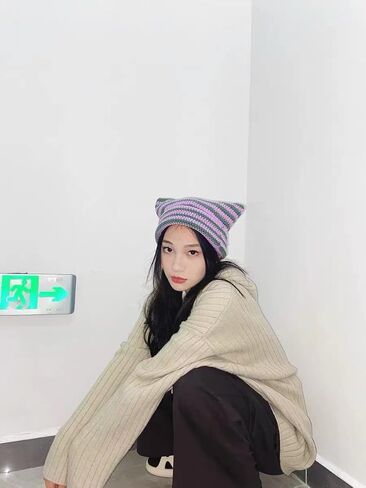 Handmade Gothic Knitted Little Devil Hat Cat Ear Striped Crocheted Beanie Hat Y2k Funny Hat for Women in Saudi Arabia