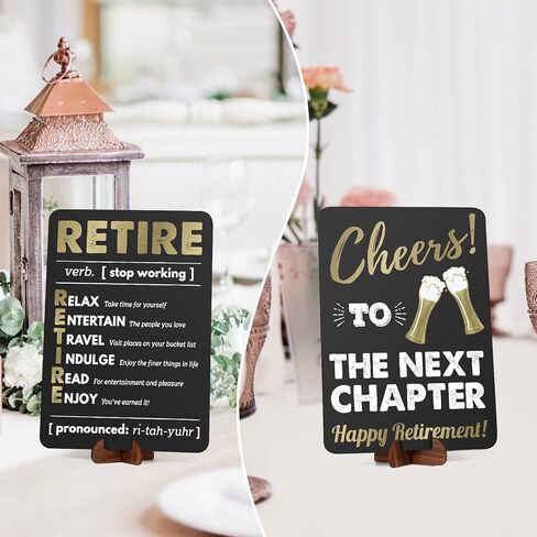 Retirement Decorations Sign for Women Men, Acrylic Retirement Poster Gifts with Stand, Table Happy Retirement Party Decorations Supplies, Black Gold, 2-Pack in Saudi Arabia