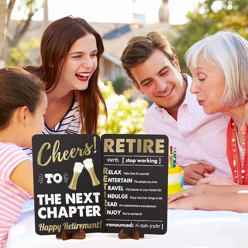 Retirement Decorations Sign for Women Men, Acrylic Retirement Poster Gifts with Stand, Table Happy Retirement Party Decorations Supplies, Black Gold, 2-Pack in Saudi Arabia