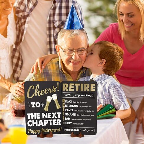 Retirement Decorations Sign for Women Men, Acrylic Retirement Poster Gifts with Stand, Table Happy Retirement Party Decorations Supplies, Black Gold, 2-Pack in Saudi Arabia