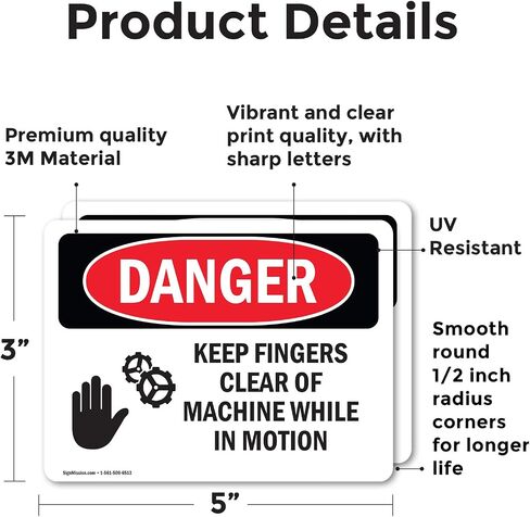 (2 Pack) Keep Fingers Clear Of Machine Motion OSHA Danger Sign 5 Inch X 3.5 Inch Vinyl Label Decal Sticker Weather Resistant, UV Protected for Workplace, Business, and Construction Site, Made in the USA in Kuwait