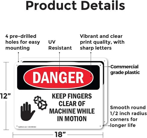 (2 Pack) Keep Fingers Clear Of Machine Motion OSHA Danger Sign 5 Inch X 3.5 Inch Vinyl Label Decal Sticker Weather Resistant, UV Protected for Workplace, Business, and Construction Site, Made in the USA in Kuwait