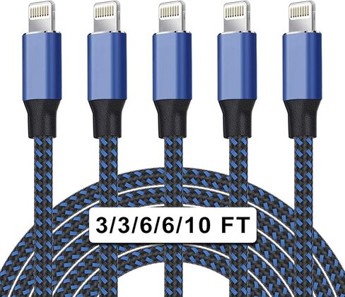 شاحن iPhone [معتمد من Apple MFi] 5 حزم (3/3/6/6/10 قدم) كابل لايتنينج طويل شحن سريع كابل USB مضفر من النايلون سلك شاحن iPhone متوافق مع iPhone 14 13 12 11 Pro Max XR XS X 8 7 Plus SE in Kuwait