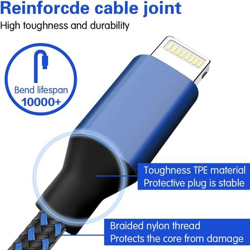 شاحن iPhone [معتمد من Apple MFi] 5 حزم (3/3/6/6/10 قدم) كابل لايتنينج طويل شحن سريع كابل USB مضفر من النايلون سلك شاحن iPhone متوافق مع iPhone 14 13 12 11 Pro Max XR XS X 8 7 Plus SE in Kuwait