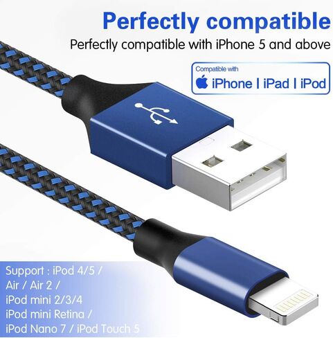 شاحن iPhone [معتمد من Apple MFi] 5 حزم (3/3/6/6/10 قدم) كابل لايتنينج طويل شحن سريع كابل USB مضفر من النايلون سلك شاحن iPhone متوافق مع iPhone 14 13 12 11 Pro Max XR XS X 8 7 Plus SE in Kuwait