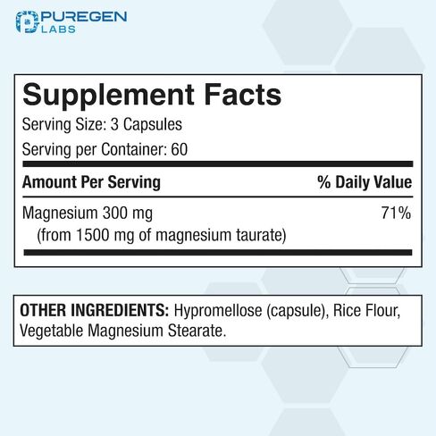 Puregen Labs Magnesium Taurate 1500mg per Serving [High Potency] 180 Veggie Caps, Chelated for Superior Absorption, Non-GMO, NO Gluten and Dairy | Made in USA in Saudi Arabia