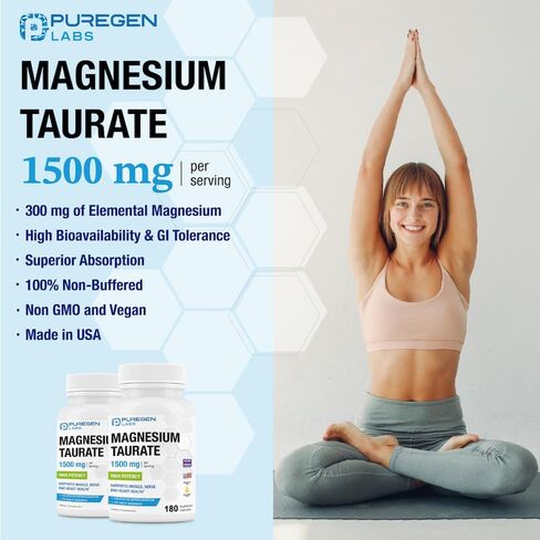 Puregen Labs Magnesium Taurate 1500mg per Serving [High Potency] 180 Veggie Caps, Chelated for Superior Absorption, Non-GMO, NO Gluten and Dairy | Made in USA in Saudi Arabia