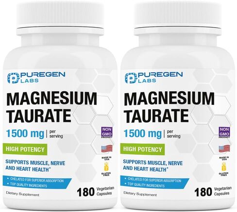 Puregen Labs Magnesium Taurate 1500mg per Serving [High Potency] 180 Veggie Caps, Chelated for Superior Absorption, Non-GMO, NO Gluten and Dairy | Made in USA in Saudi Arabia