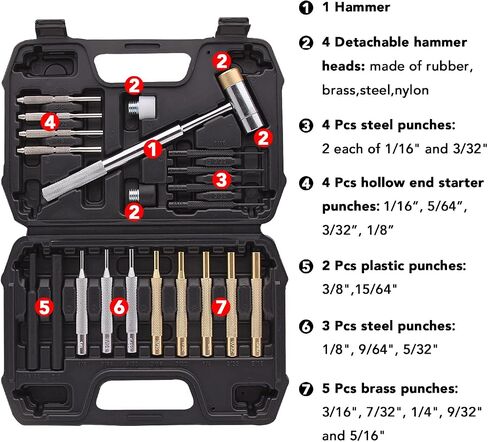 Roll Pin Punch Set,15pcs Roll Pin Punch Set and Hammer with Brass, Steel, Plastic Punches and brass/Polymer heads hammers In Storage Case for Gunsmithing in Saudi Arabia