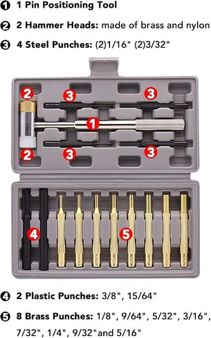 Roll Pin Punch Set,15pcs Roll Pin Punch Set and Hammer with Brass, Steel, Plastic Punches and brass/Polymer heads hammers In Storage Case for Gunsmithing in Saudi Arabia